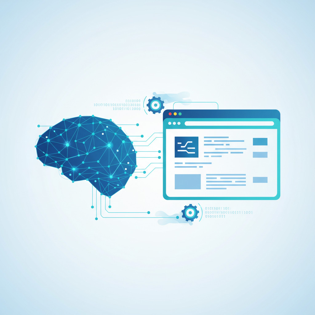 Illustration of a stylized digital brain connected by glowing circuits to a simplified browser window, with gears and flowing code to symbolize AI-driven website optimization.