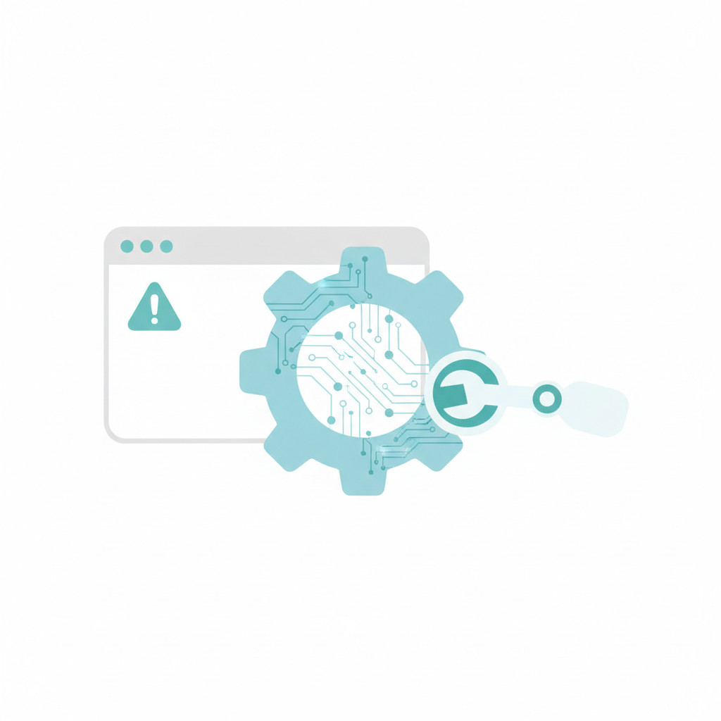Minimalist illustration of a browser window with a warning icon, a large gear featuring circuit patterns, and a small robotic arm applying a wrench to symbolize AI powered website troubleshooting.