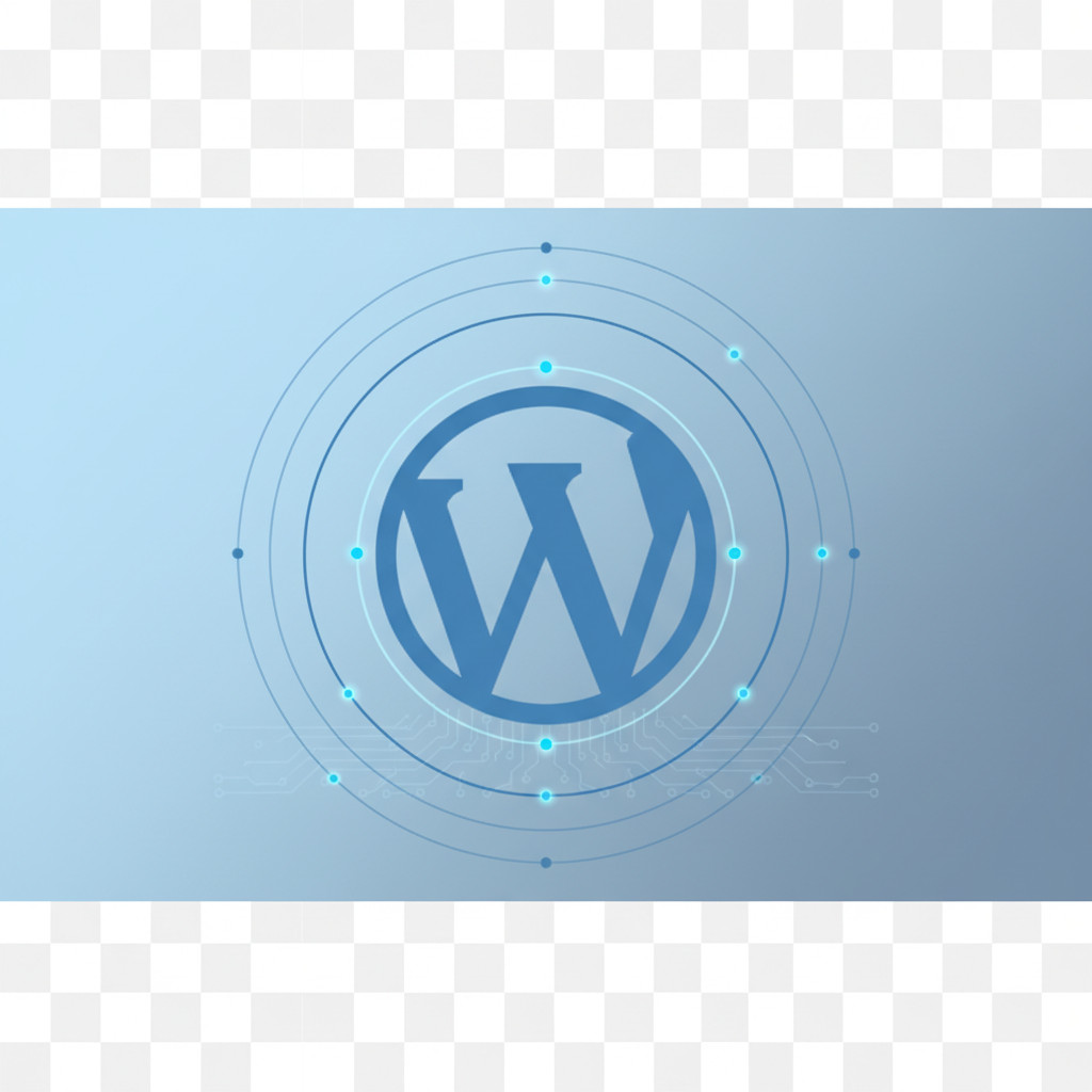 Stylized circular emblem inspired by WordPress with a futuristic beta testing motif. Thin concentric rings surround a central circular mark. Small glowing nodes and a subtle circuit grid float on a soft blue-gray gradient background. No text appears in the image.