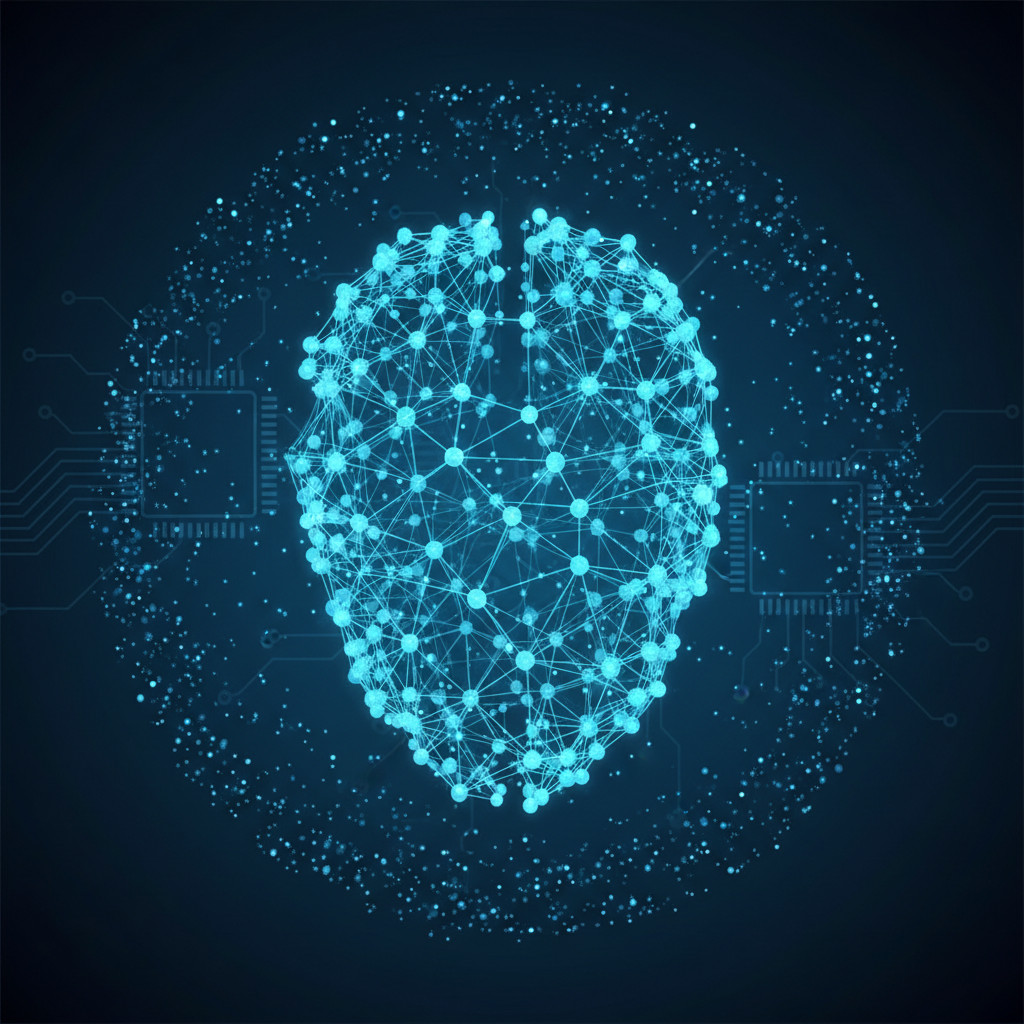 Abstract neural network visual representing an autonomous AI agent with glowing nodes, connecting lines, and flowing data particles.