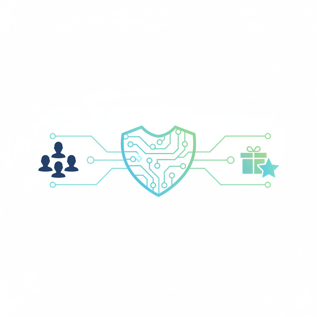 A minimal illustration showing circuit lines forming a heart shaped badge connected to customer silhouettes and reward icons, in soft blues and greens.