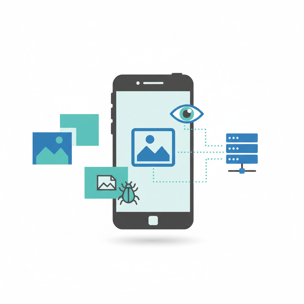 A minimal vector illustration of an Android smartphone under surveillance. The phone displays a camera thumbnail, a stylized eye overlaps the screen, and a small bug icon sits near the bottom to signify malware. Floating image thumbnails and dotted network lines connect the phone to a generic server icon to imply remote control. The palette uses cool blues, teal and dark gray for a clean, technical look.