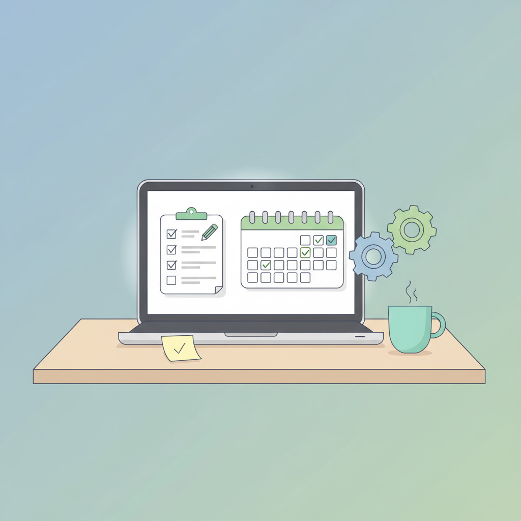 Illustration of a laptop with a digital checklist, a calendar, and two interlocking gears on a tidy desk, symbolizing ongoing content upkeep and organization.