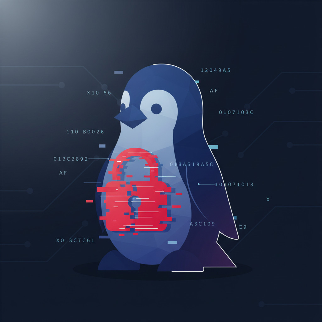 Symbolic visual of a Linux-targeted ransomware threat showing a geometric penguin silhouette with a fragmented red lock overlay, dark circuit-board background, and binary/hex accents to suggest kernel-level memory corruption and urgency.