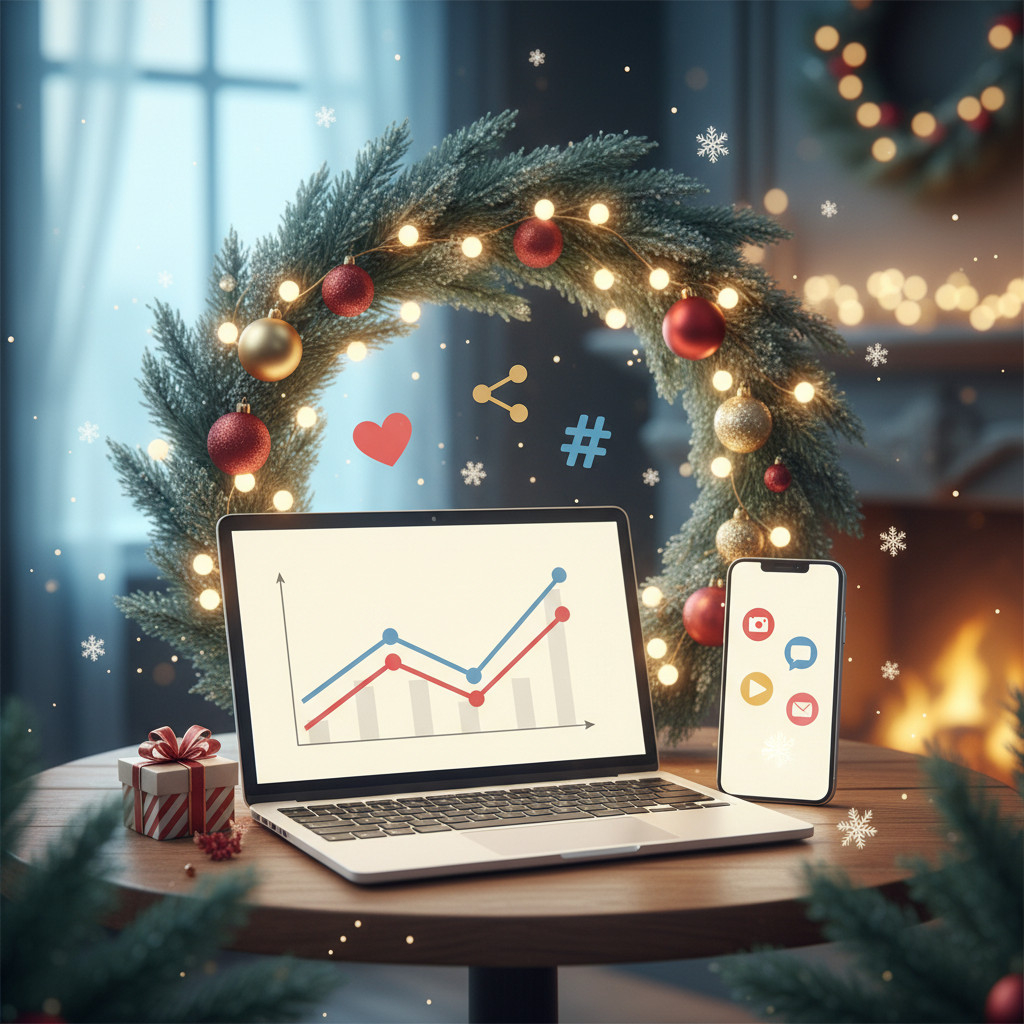 A cozy festive scene with winter elements like falling snow, evergreen branches, ornaments, warm string lights, a laptop displaying a colorful bar chart, a smartphone showing social media icon symbols, floating digital icons such as a heart, share arrow and hashtag, and a small wrapped gift box. The palette mixes deep greens, warm golds, reds, and icy blues, with soft lighting and shallow depth of field.