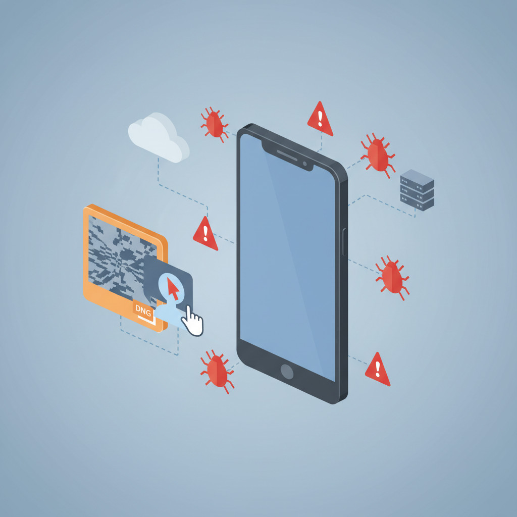 Illustration of an Android smartphone under attack with bug icons, a chat bubble showing a malicious image, a human avatar interacting, and a cloud server connected by dotted lines to show command and control.