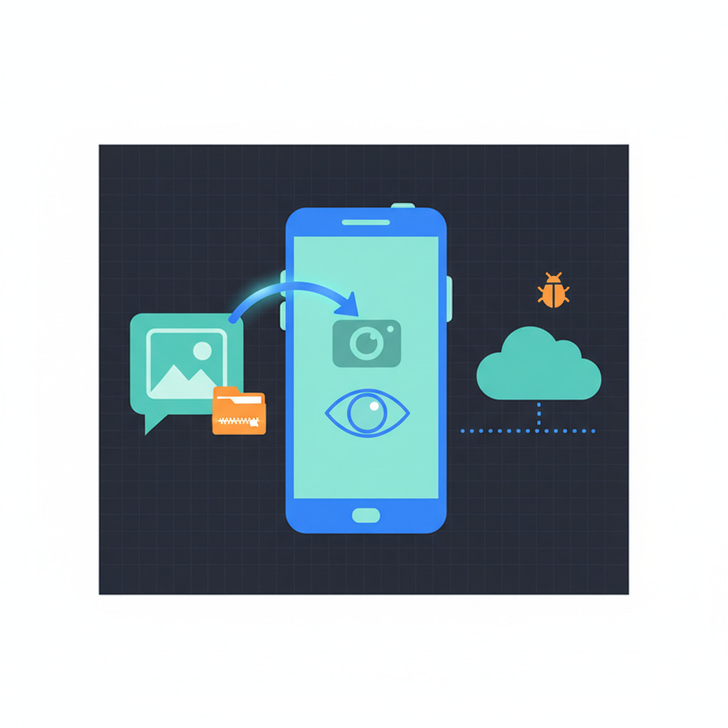 Simple vector illustration of a smartphone receiving a malicious chat image that triggers spyware. The left shows a chat bubble with an incoming image thumbnail and a small archive icon. A glowing arrow points from the chat image to the phone screen. The phone displays a subtle surveillance eye overlay while dotted lines connect it to a server with a bug icon to indicate C2 control. Colors use teal and electric blue with red accents on threat elements. No text appears in the image.