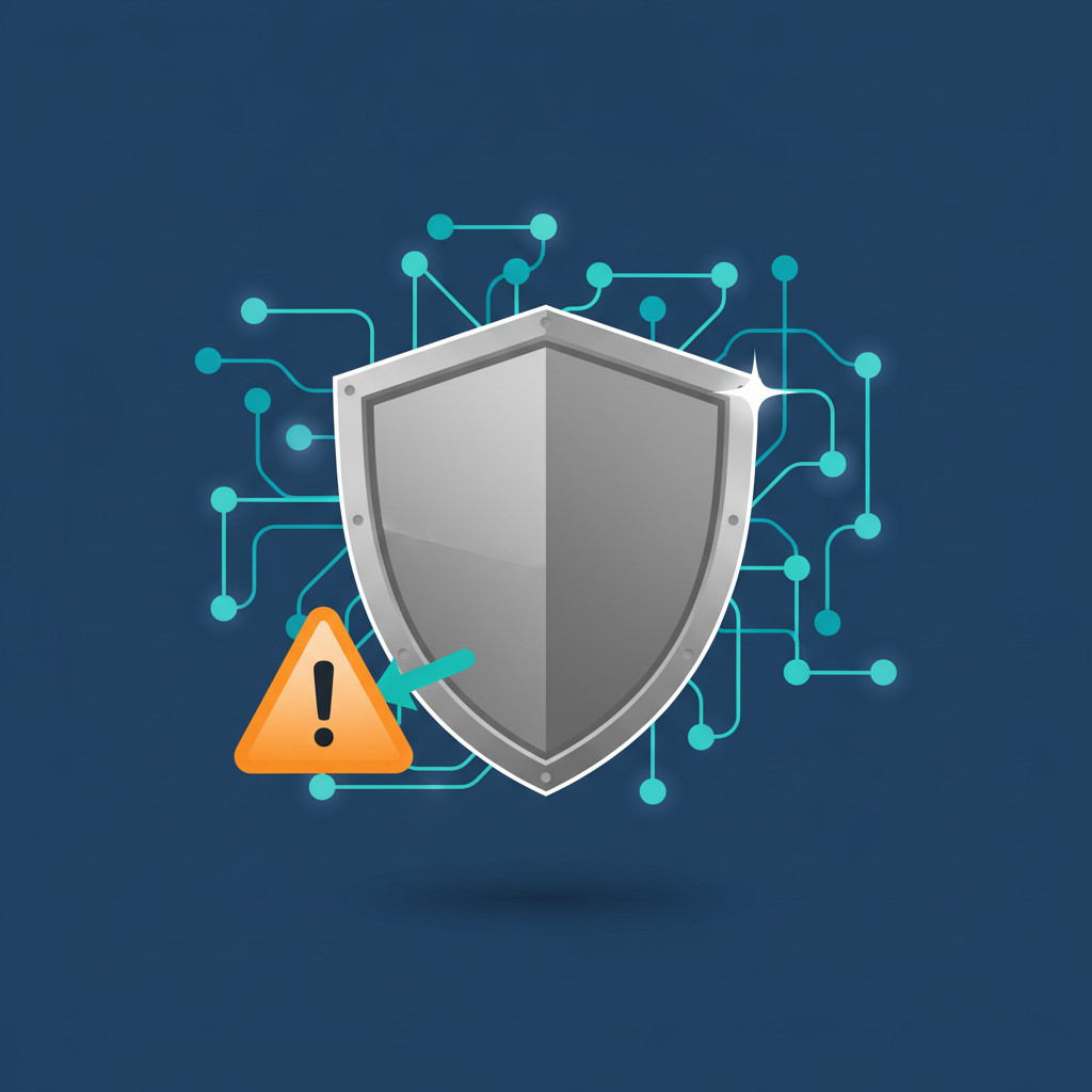A flat vector illustration showing a metallic shield at the center, interconnected nodes and lines behind the shield representing kernel components, and an orange warning triangle near one node indicating a vulnerability. The color palette uses dark blue background, teals for connections, and amber for the warning icon.