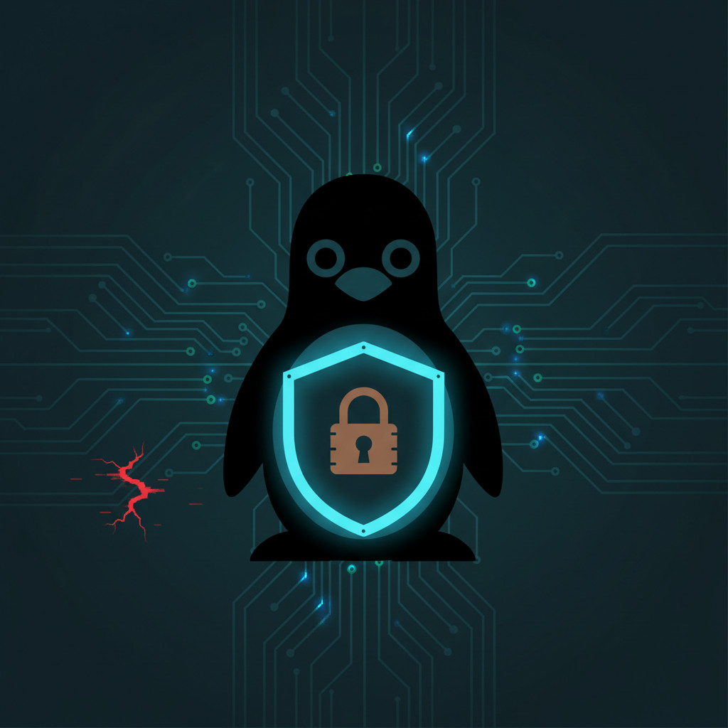 Stylized Linux penguin silhouette over a dark circuit-board background with a glowing shield and a subtle red glitch indicating a vulnerability.