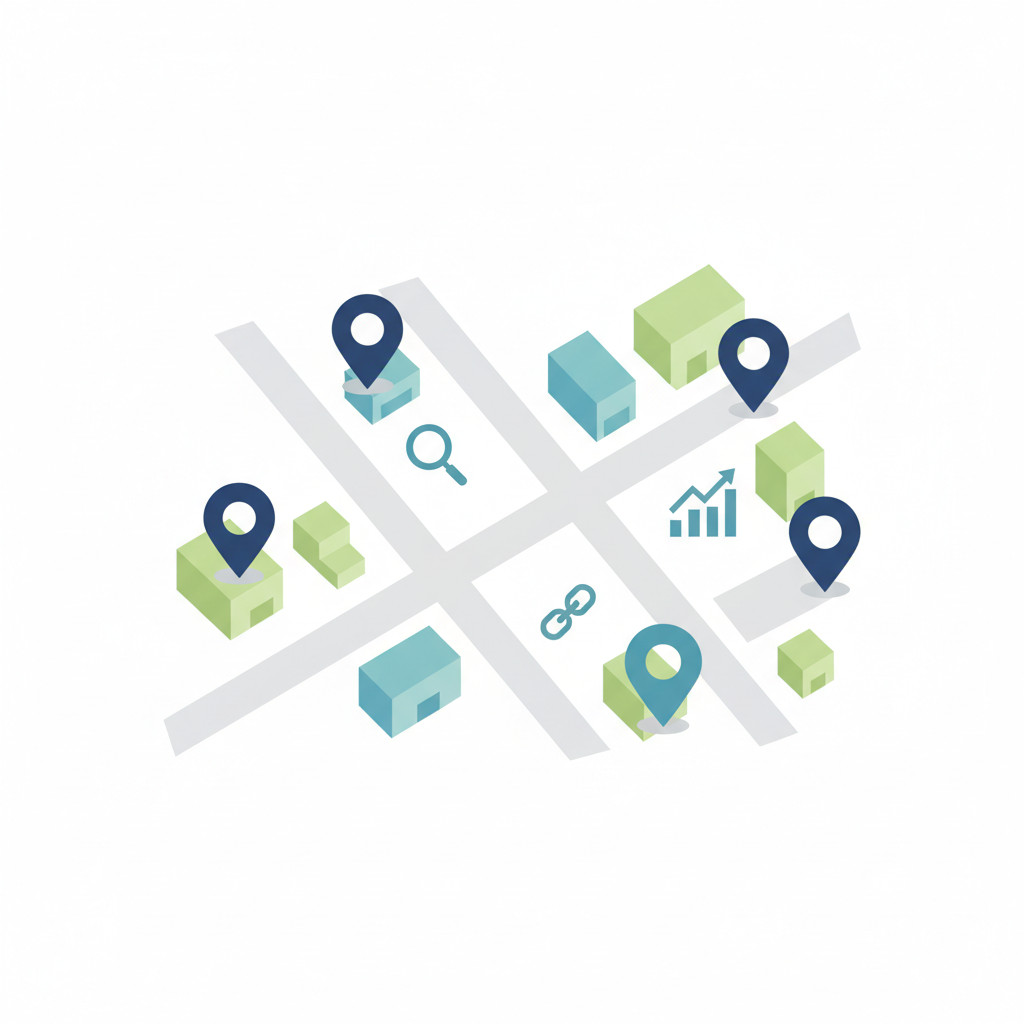 Illustration of a simplified map showing pinpointed local businesses with SEO icons such as magnifying glass, upward graph, and link icons to represent local SEO and map-pack influence.